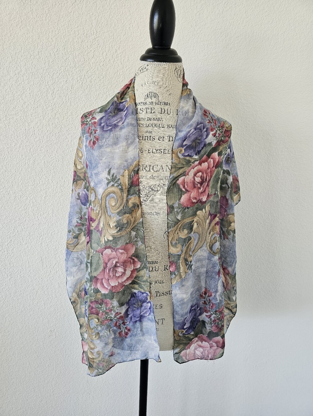 Vintage Renaissance Baroque Rose Floral Chiffon Scarf (62" x 15")